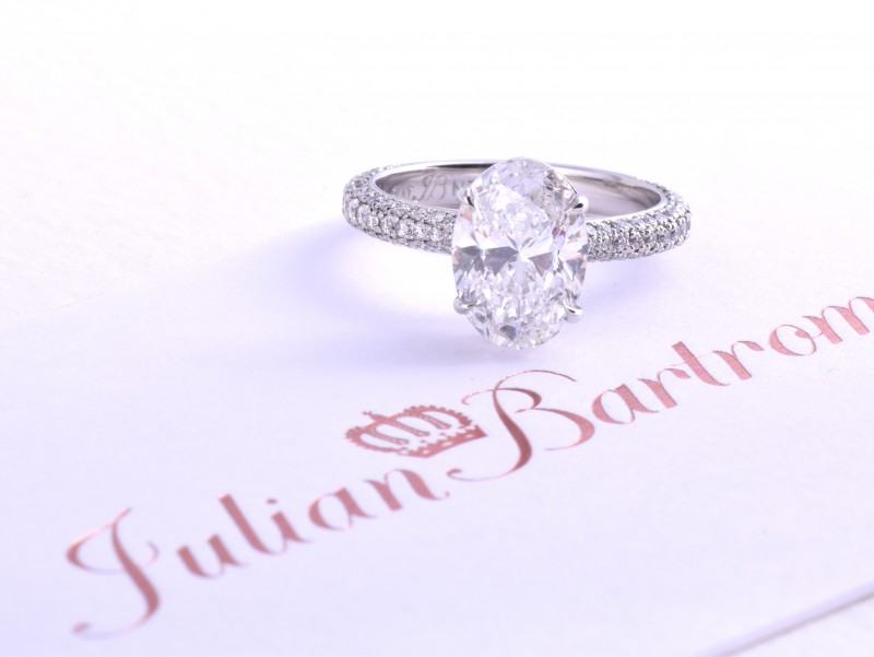 2ct Oval diamond and pave band. Custom made in platinum by Auckland engagement ring designer Julian Bartrom