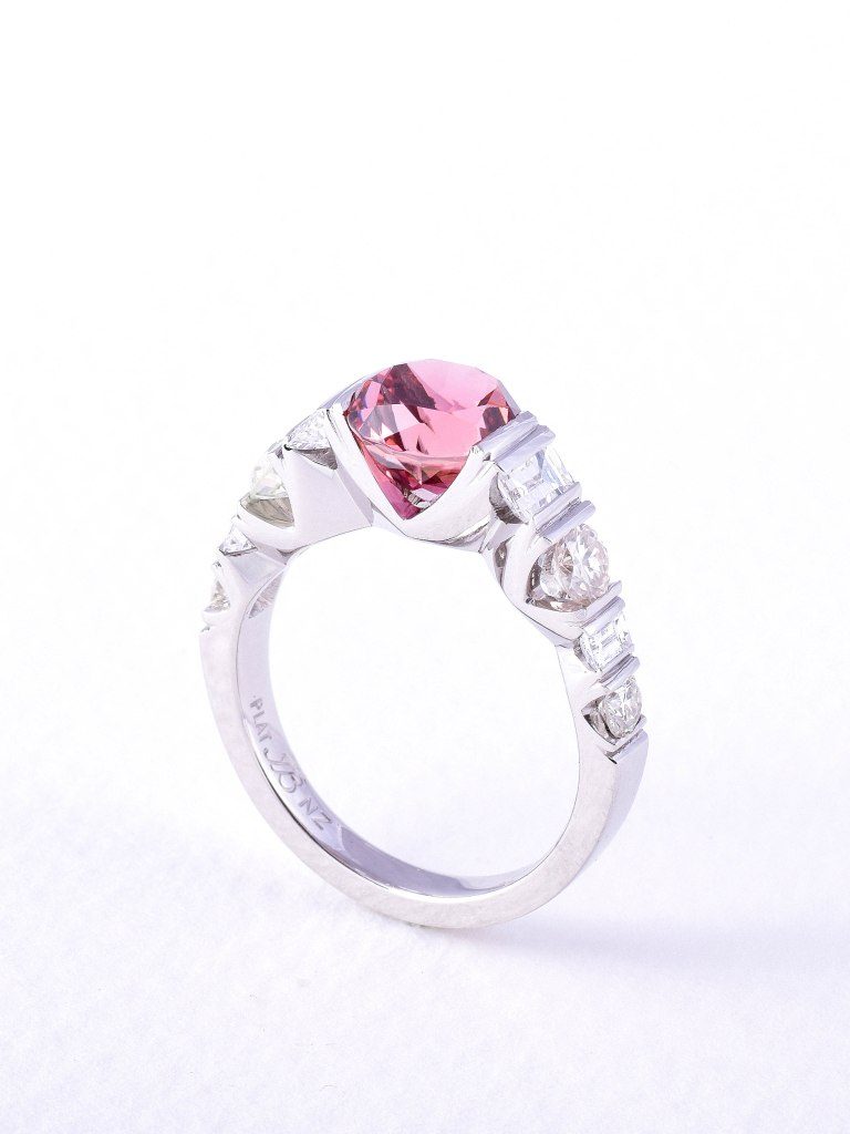 Pink tourmaline and diamond ring in platinum by custom made jewellery designer and diamond expert Julian Bartrom Jewellery.