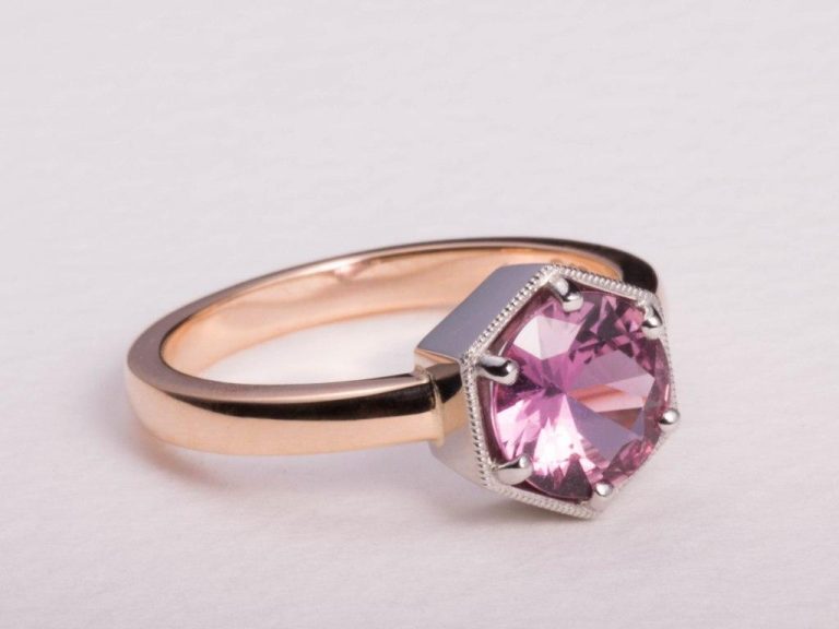 Brilliant cut pink sapphire ring in rose gold by award-winning Auckland jewellery designer Julian Bartrom Jewellery.