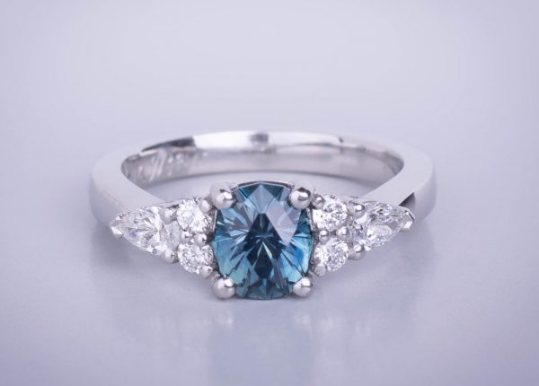 Montana Teal sapphire and diamond ring, crafted in platinum