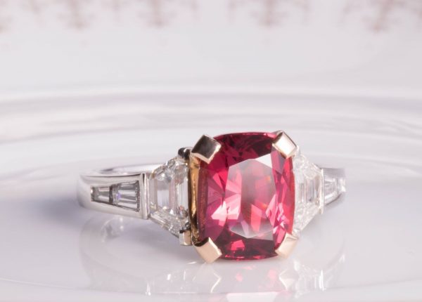 3ct red spinel & trapezoid diamond ring