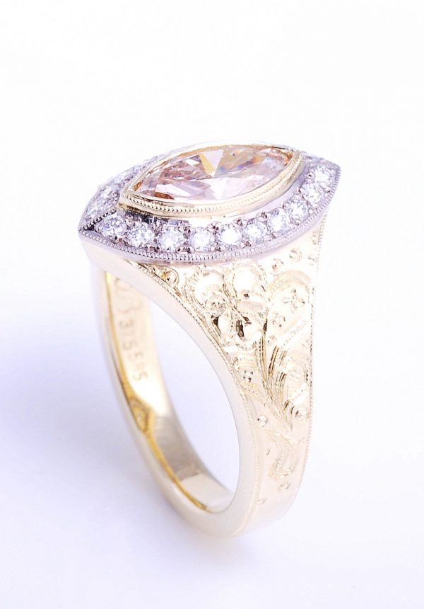 Champaign diamond halo ring with engraving